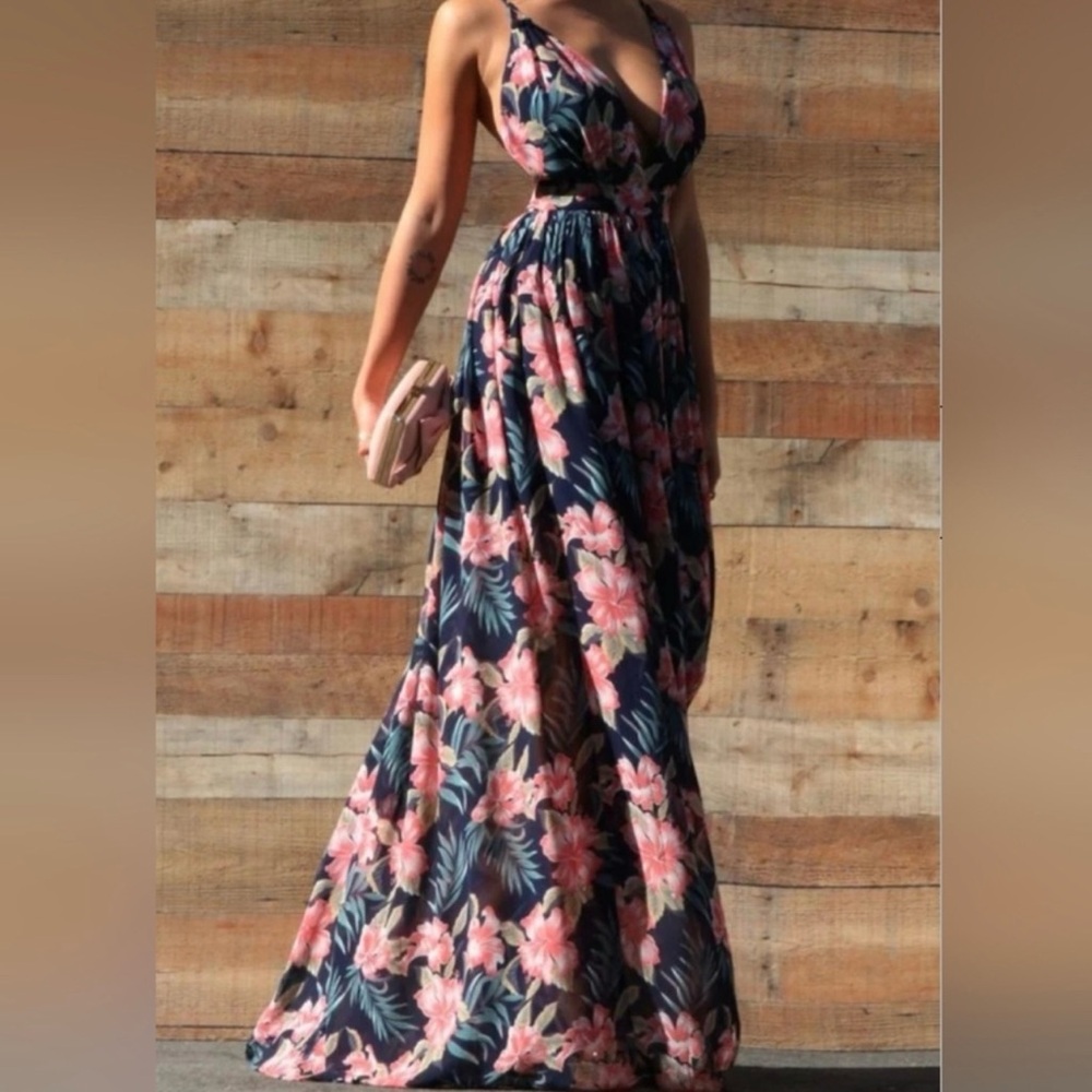 Pink Lily Navy Blue Hibiscus Print Spaghetti Strap Maxi Dress Women’s Sz M